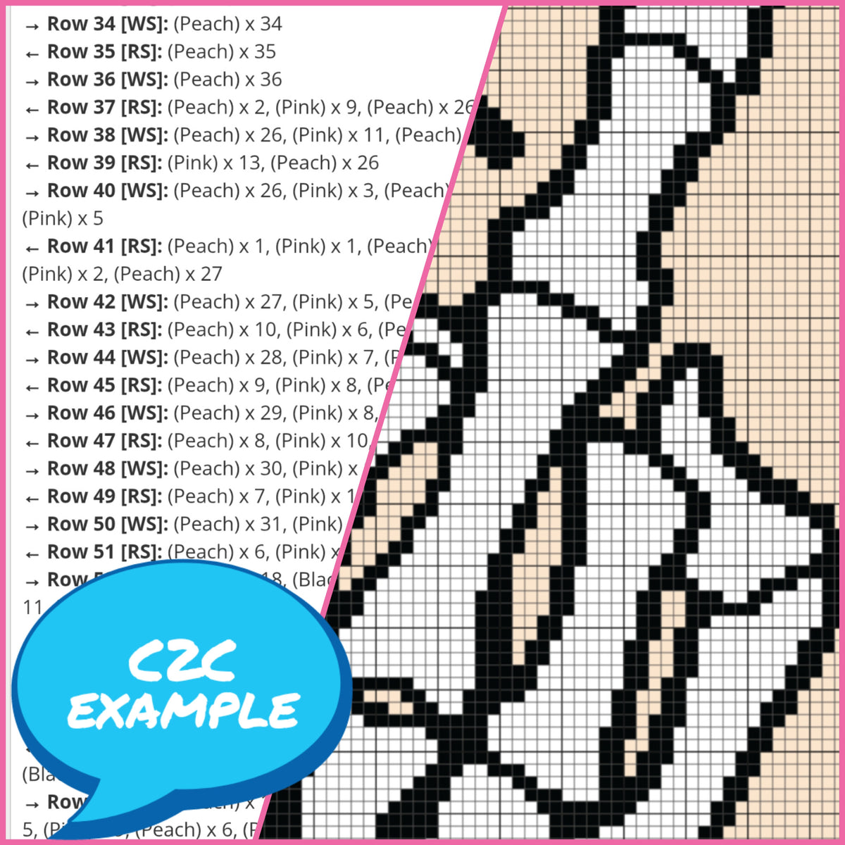 C2C crochet pattern preview showing written instructions and graph close-up for Fuck Cancer skeleton blanket