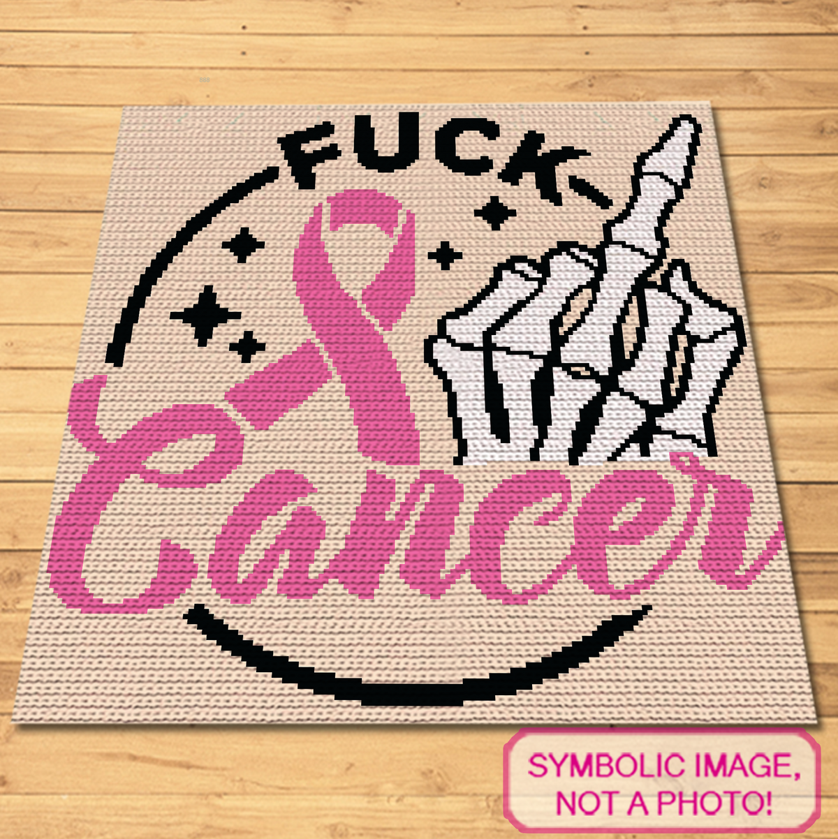 Fuck Cancer Skeleton – Middle Finger Crochet Pattern is a bold cancer-awareness graphghan design featuring a pink awareness ribbon, a skeleton hand giving the middle finger, and the words “Fuck Cancer.” It is designed for single crochet/tapestry crochet and can be made as either a pillow or a blanket.