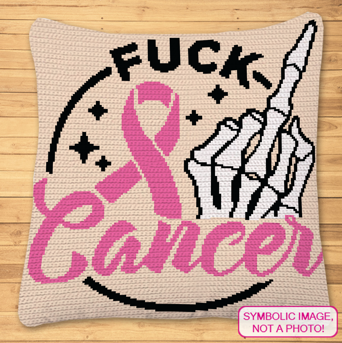 Fuck Cancer Skeleton – Middle Finger Crochet Pattern is a bold cancer-awareness graphghan design featuring a pink awareness ribbon, a skeleton hand giving the middle finger, and the words “Fuck Cancer.” It is designed for single crochet/tapestry crochet and can be made as either a pillow or a blanket.