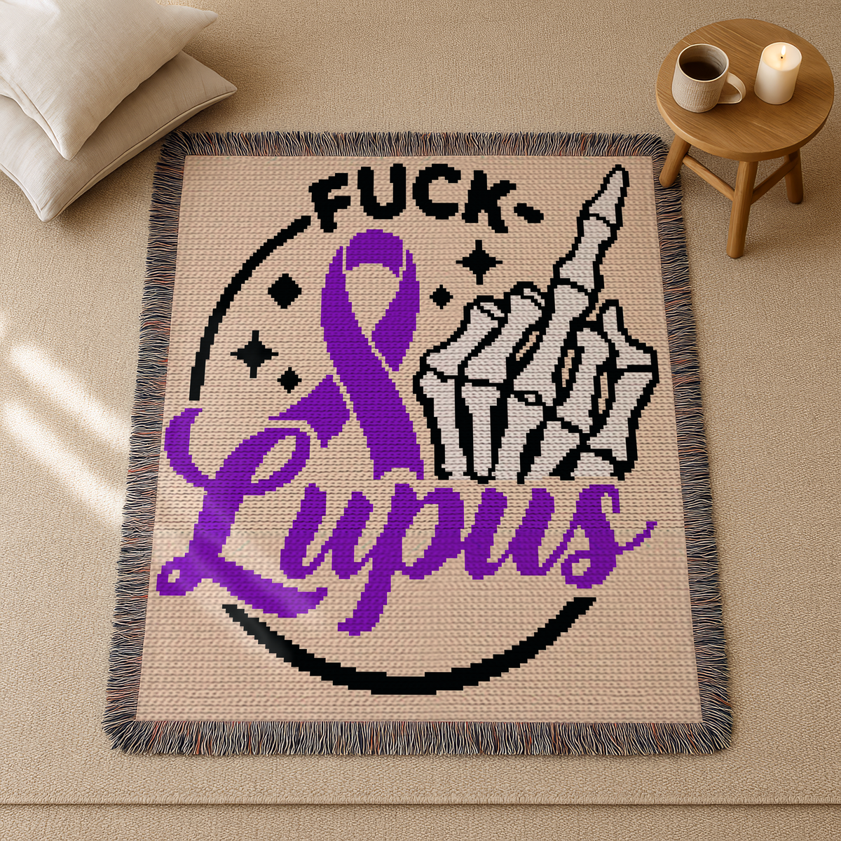 Fuck Lupus C2C Crochet Blanket Pattern featuring a bold purple lupus awareness ribbon, a skeleton middle finger, and a strong sassy message. This digital crochet pattern is designed for C2C (corner-to-corner) crochet and is perfect for creating a statement awareness blanket or afghan.