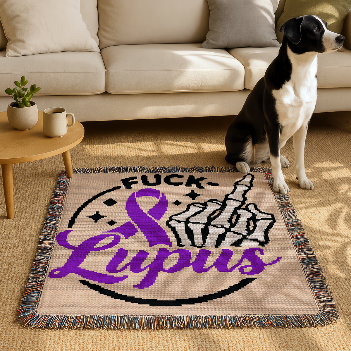 C2C crochet awareness blanket pattern with Fuck Lupus message, purple ribbon and skeleton middle finger