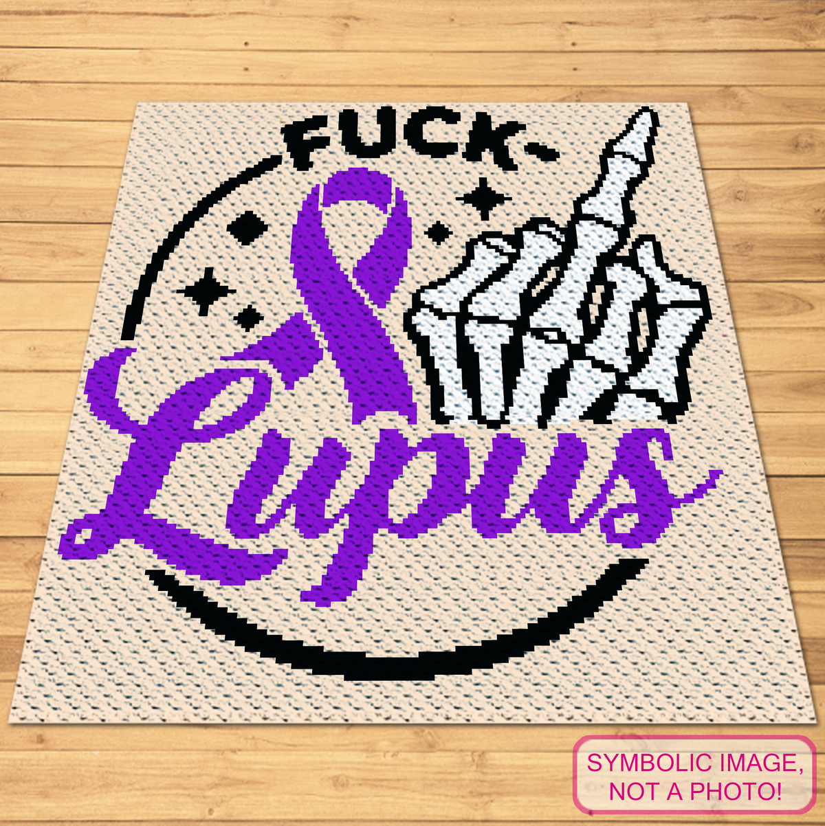 Fuck Lupus C2C Crochet Blanket Pattern featuring a bold purple lupus awareness ribbon, a skeleton middle finger, and a strong sassy message. This digital crochet pattern is designed for C2C (corner-to-corner) crochet and is perfect for creating a statement awareness blanket or afghan.