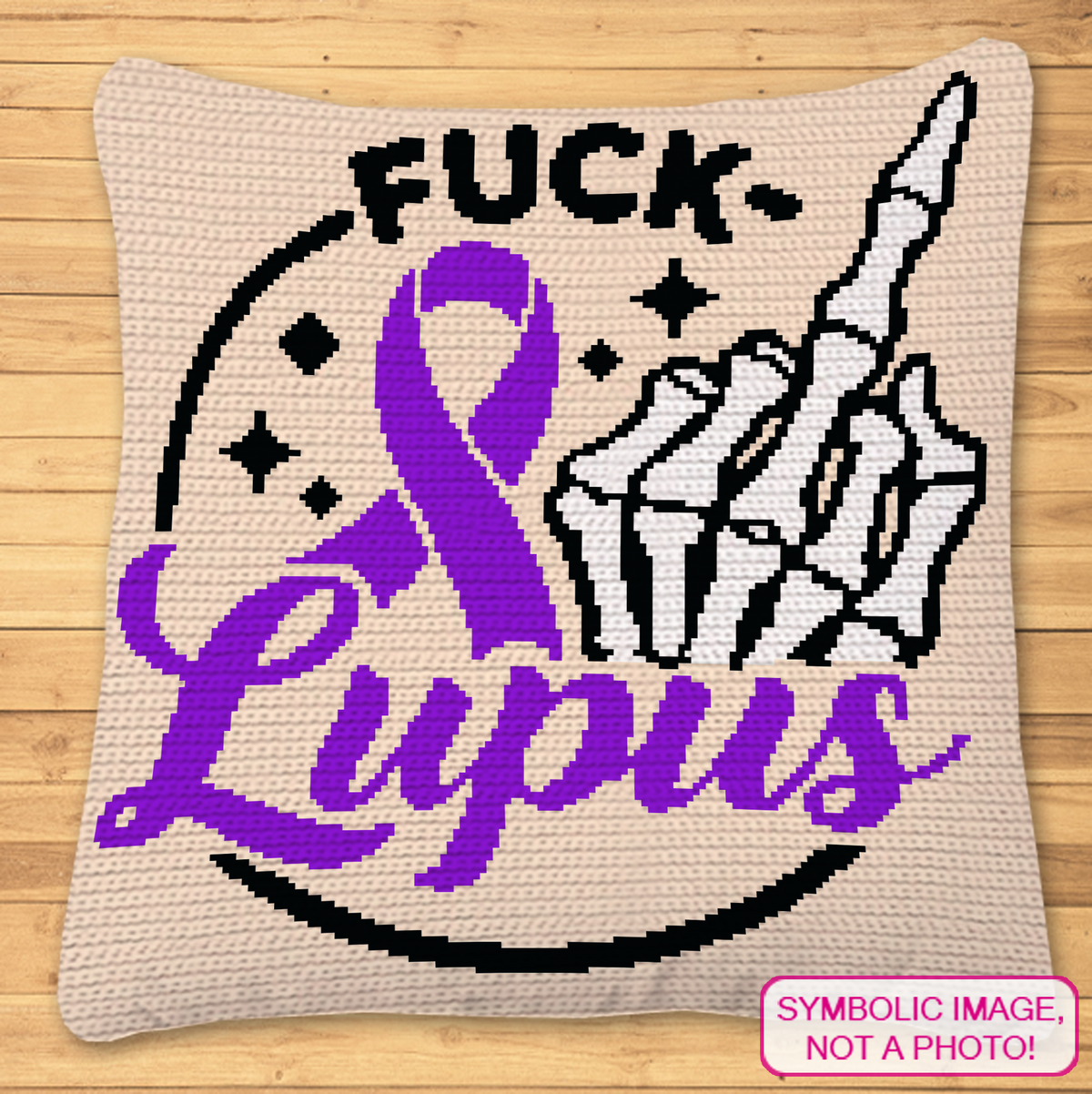 Fuck Lupus crochet pillow pattern mockup with purple awareness ribbon and skeleton middle finger design
