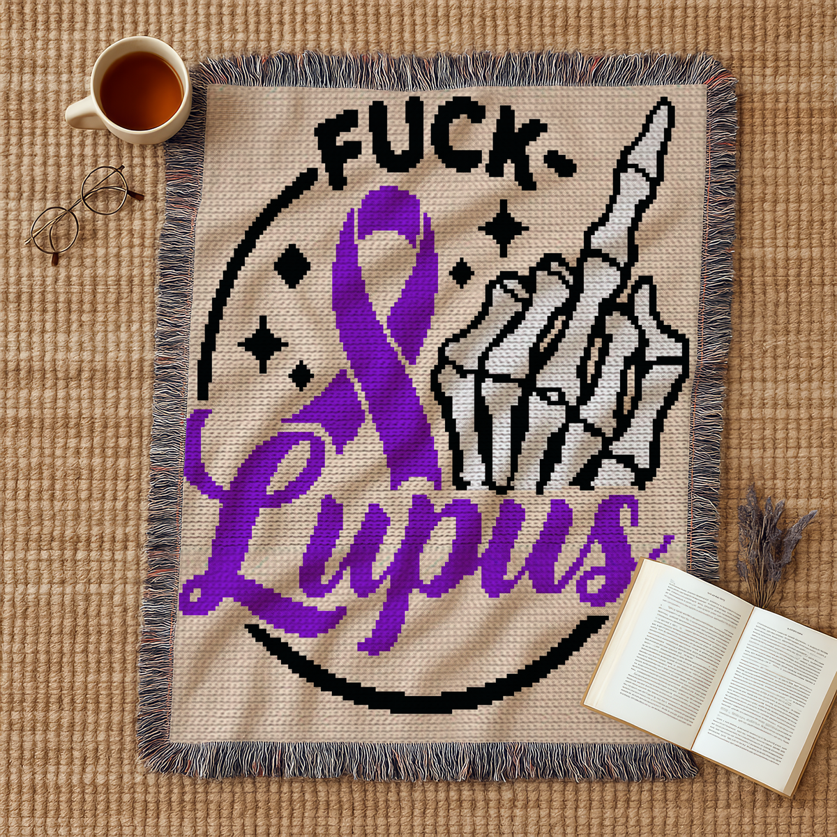 Fuck Lupus crochet blanket with purple ribbon, skeleton middle finger, and bold awareness quote