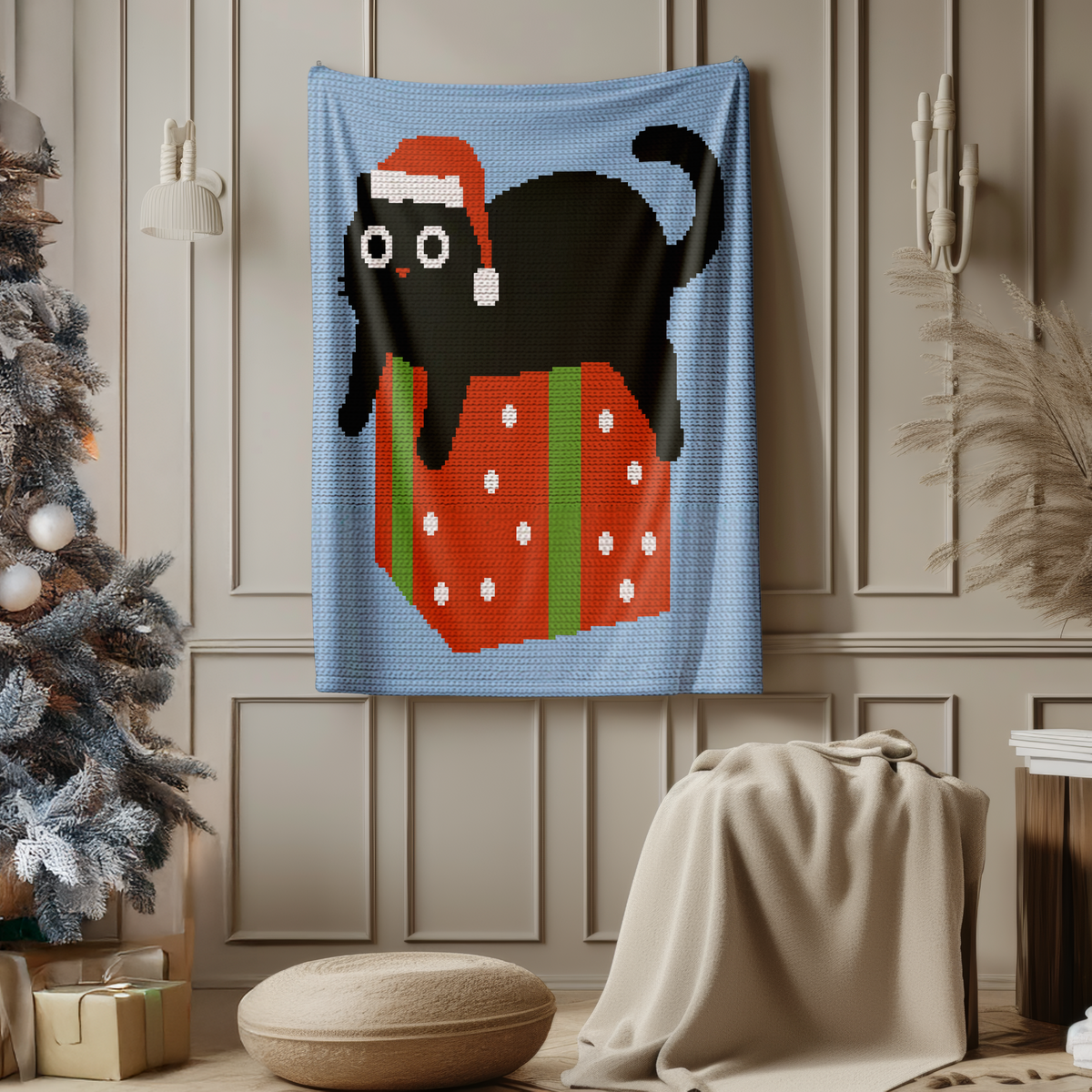 Funny black cat Christmas crochet pattern blanket with Santa hat and colorful wrapped present