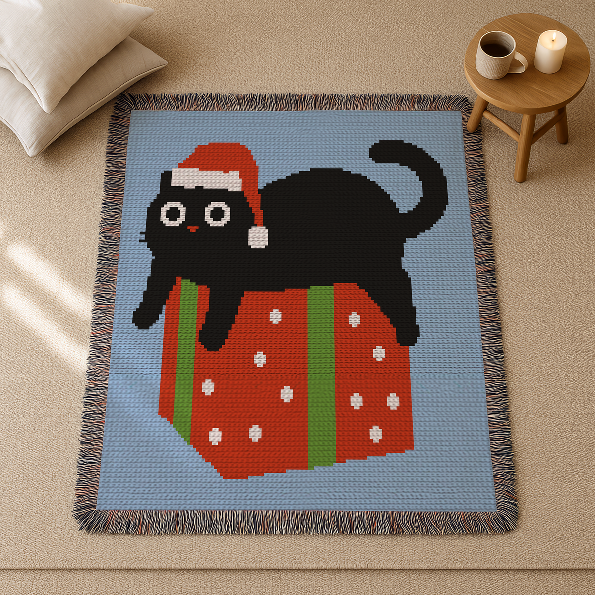 Funny Christmas black cat C2C crochet blanket pattern with Santa hat and wrapped gift