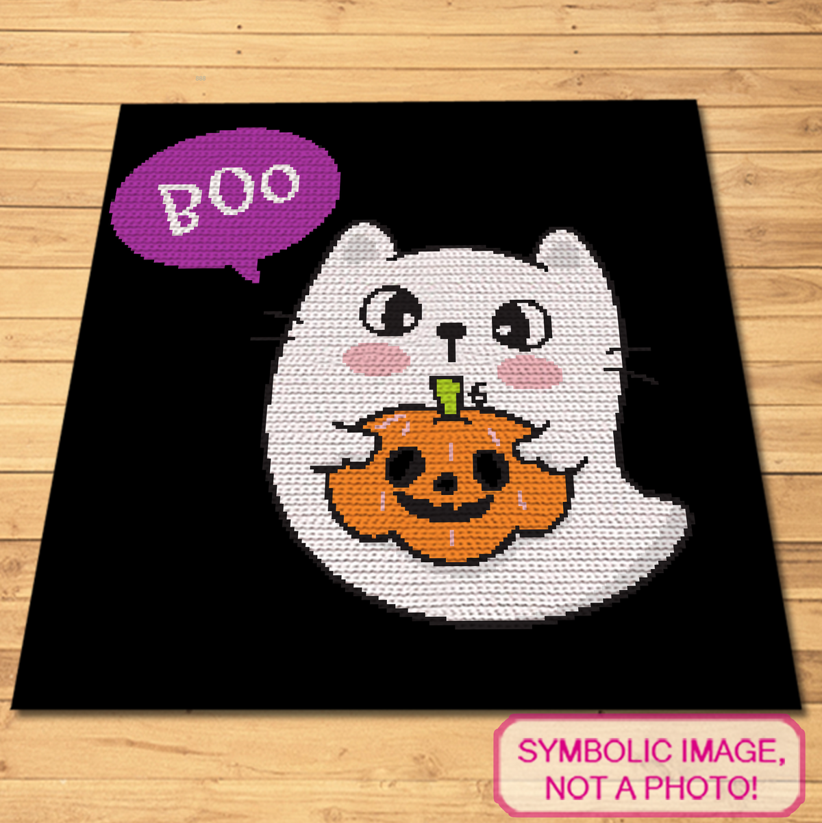 Ghost Cat crochet blanket mockup with a cute white cat holding a jack-o-lantern on a black background.