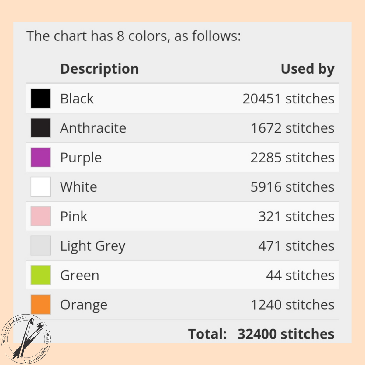 Ghost Cat crochet pattern color chart showing eight yarn colors and stitch counts.