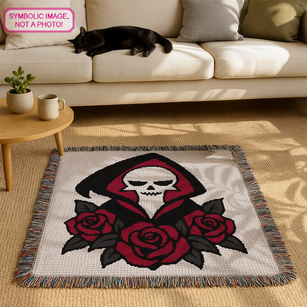 Grim Reaper with Roses single crochet Halloween blanket pattern shown as a gothic graphgan