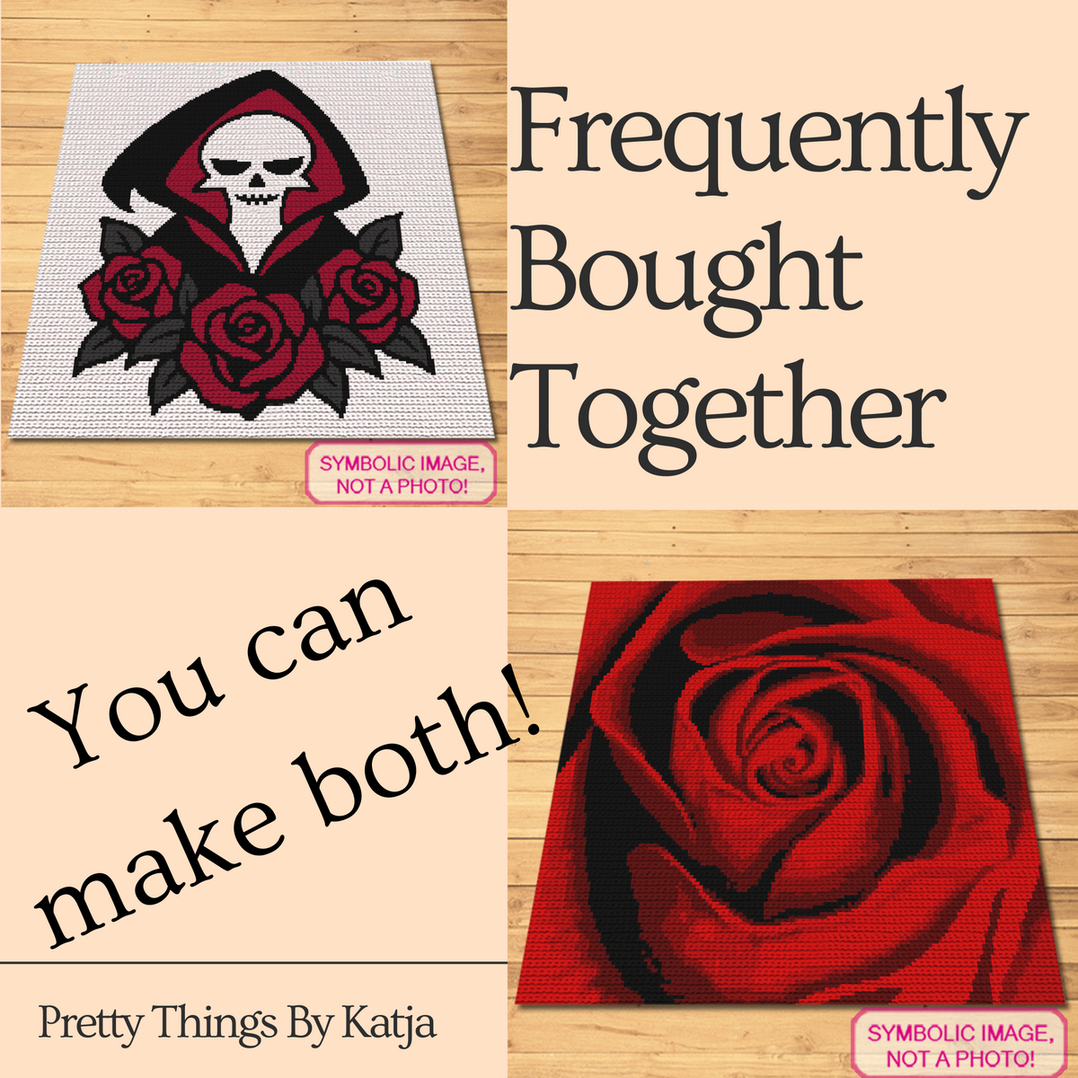 Grim Reaper with Roses crochet pattern frequently bought together collage with gothic rose pattern