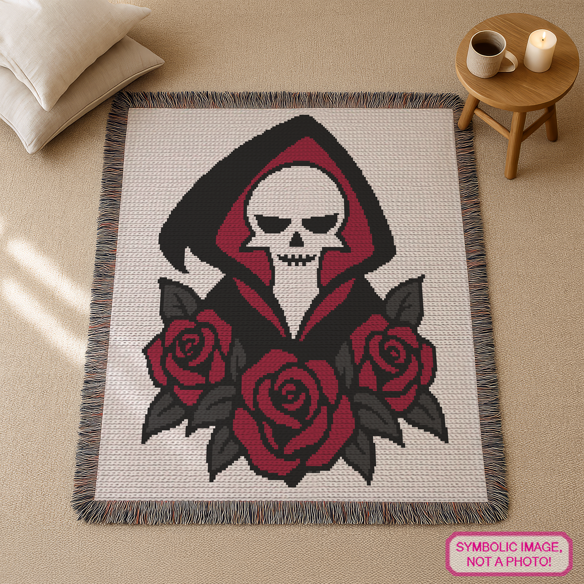 Grim Reaper with red roses gothic single crochet blanket pattern displayed flat in a cozy room