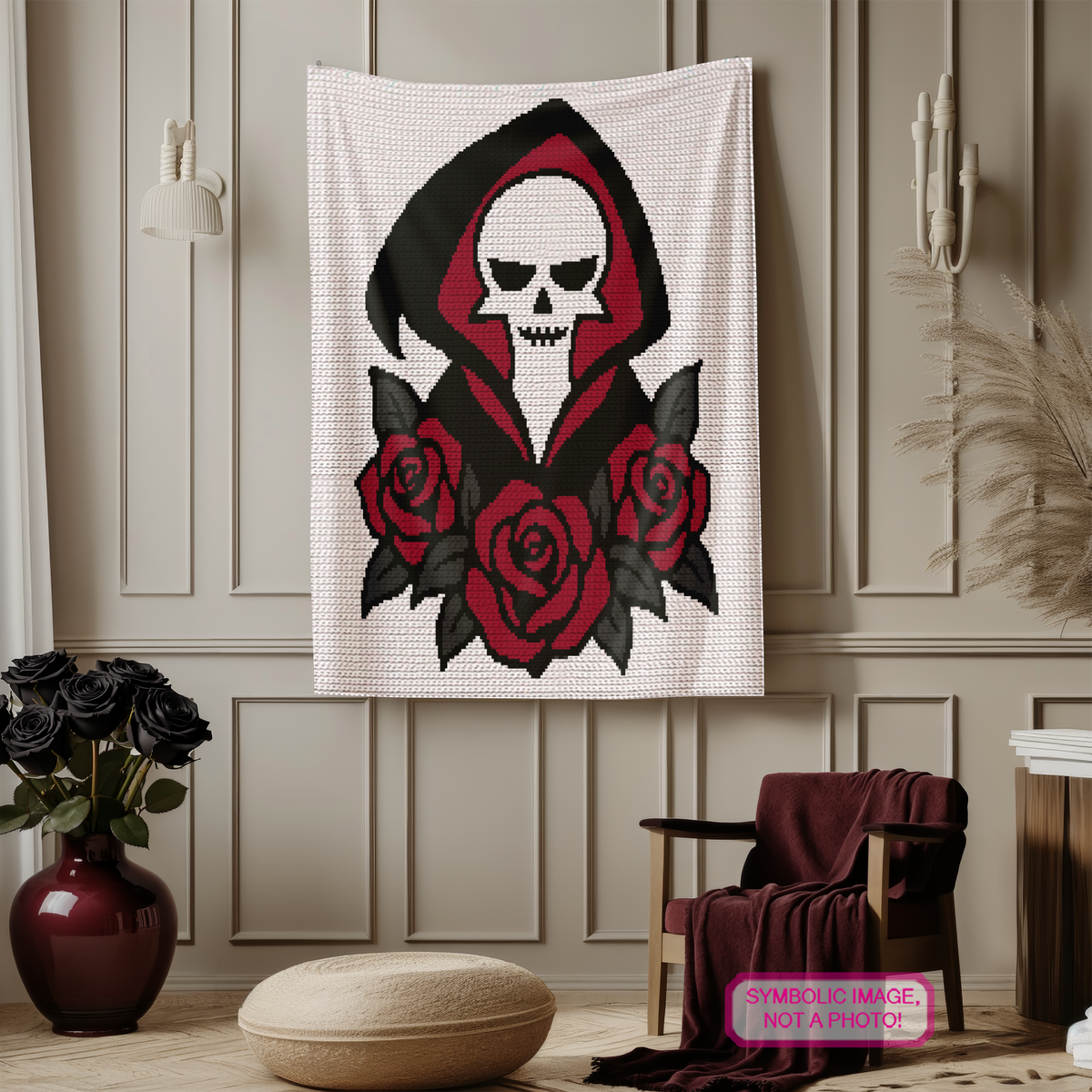 Grim Reaper with Roses gothic crochet graphgan blanket hanging in a styled room