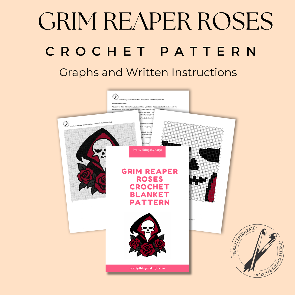 Grim Reaper with Roses crochet blanket pattern PDF cover with graph and written instructions
