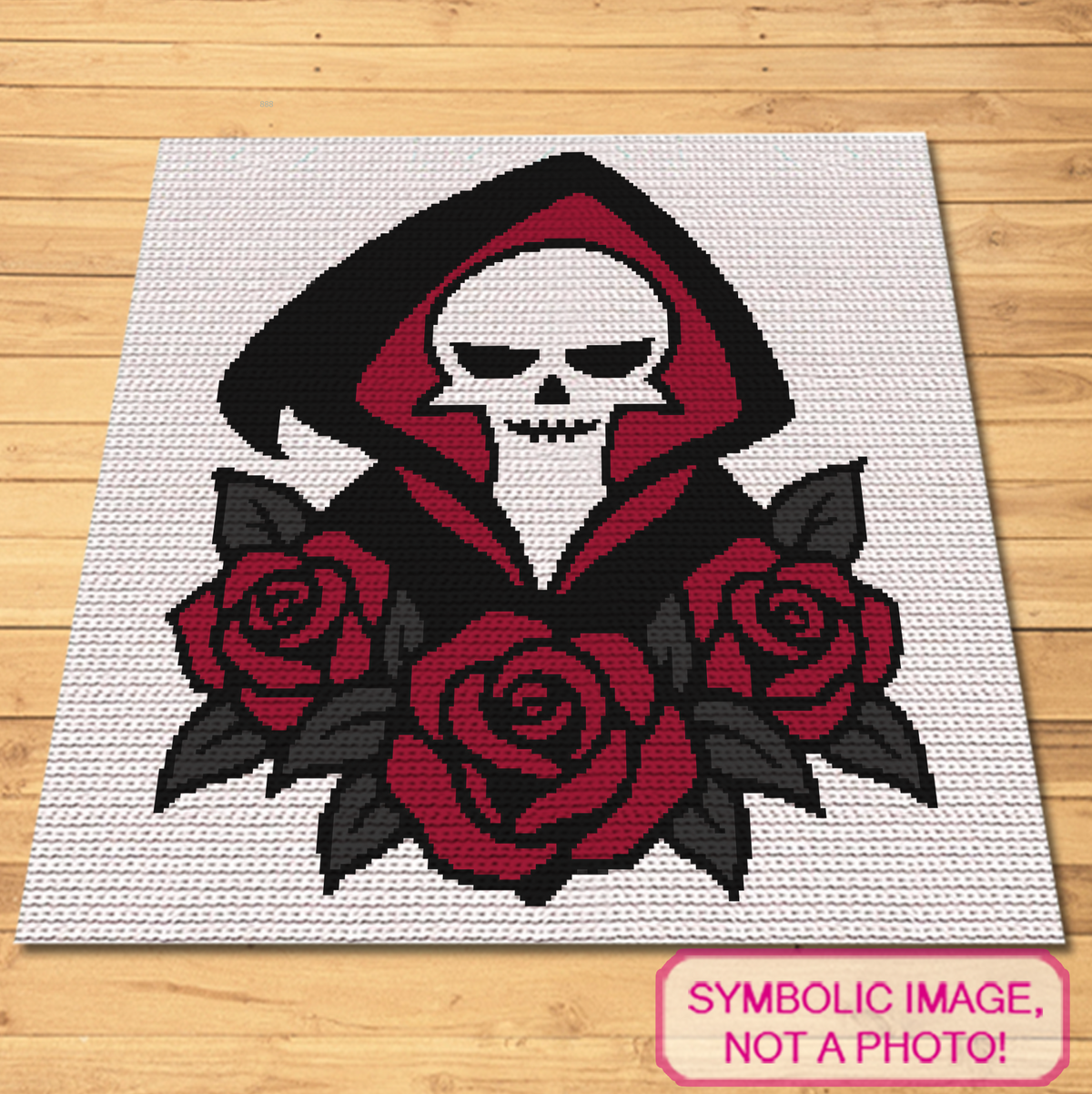 Grim Reaper with Roses SC crochet graphgan blanket shown as a detailed gothic Halloween design