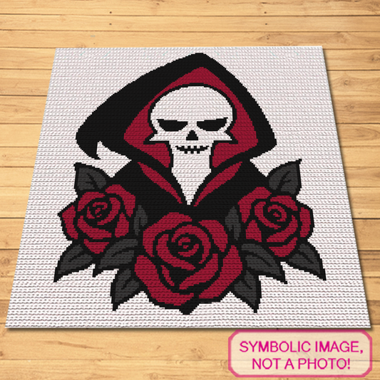 Grim Reaper with Roses SC crochet graphgan blanket shown as a detailed gothic Halloween design