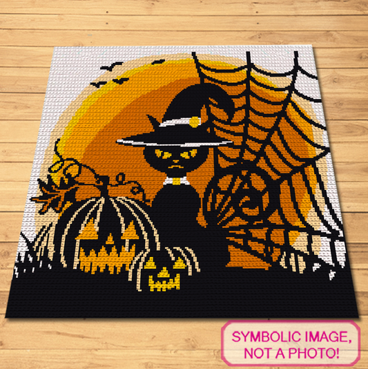 Halloween black cat SC crochet blanket pattern with witch hat, pumpkins, spiderweb and orange moon
