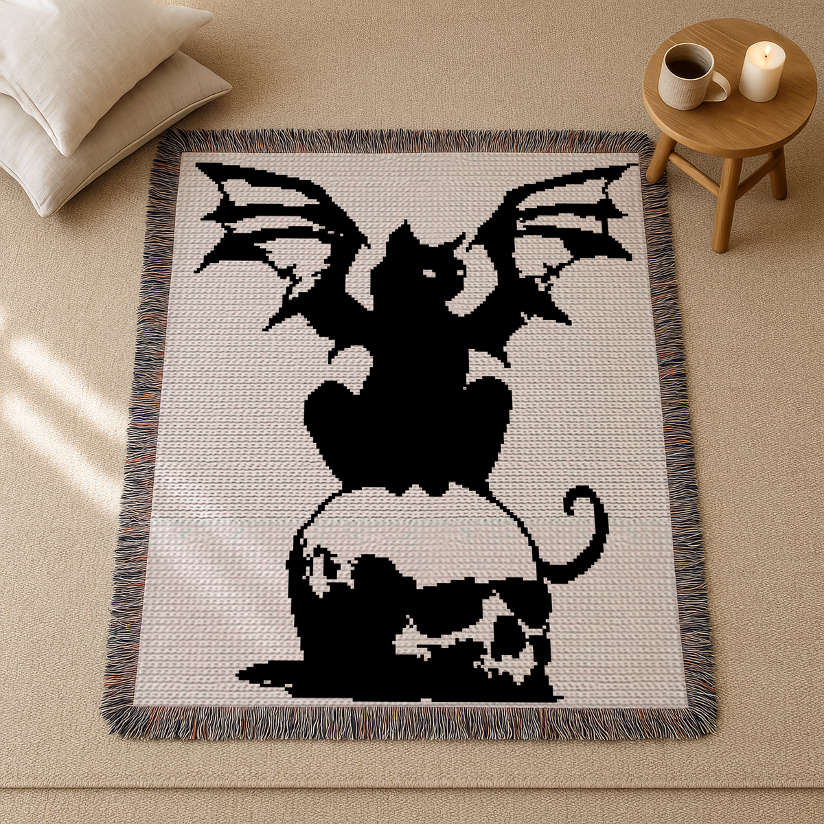 Goth black cat with bat wings crochet blanket pattern shown as a black and white SC graphghan blanket