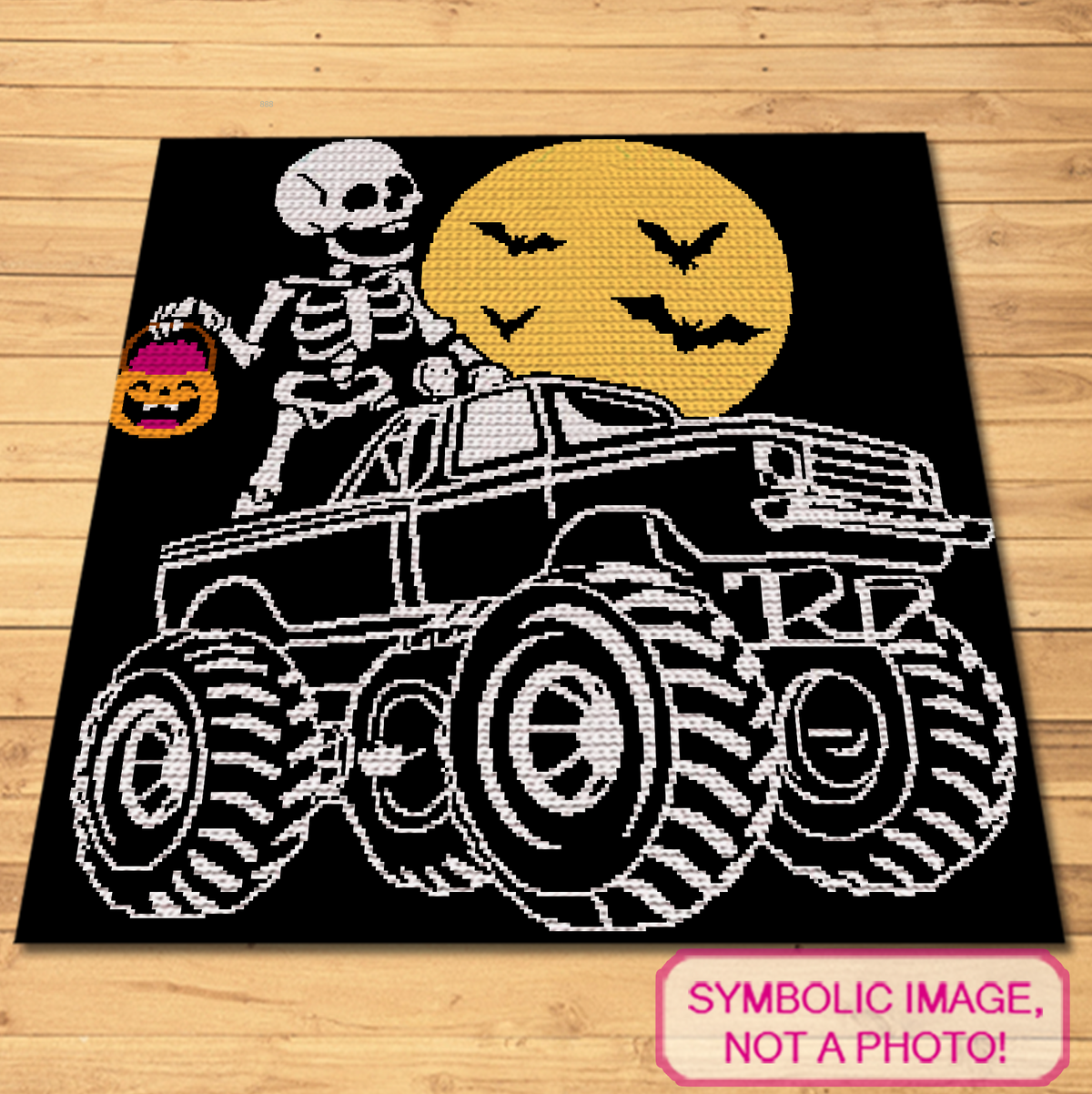 Halloween Monster Truck SC crochet blanket pattern mockup with skeleton driver, bats, full moon and trick-or-treat pumpkin bucket.
