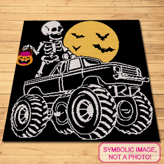 Halloween Monster Truck SC crochet blanket pattern mockup with skeleton driver, bats, full moon and trick-or-treat pumpkin bucket.