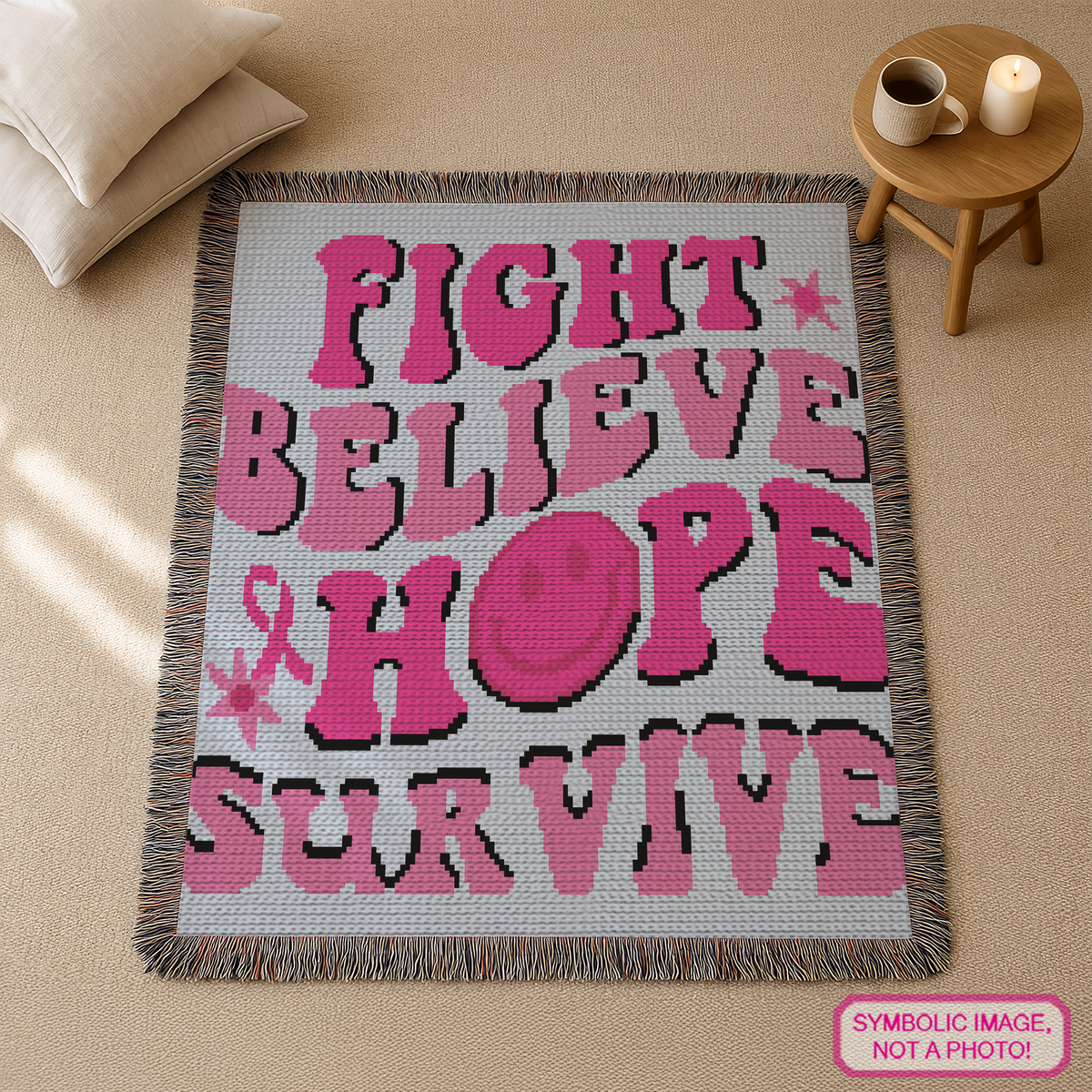 Hippie Hope C2C cancer awareness crochet blanket pattern in pink with Fight Believe Hope Survive text