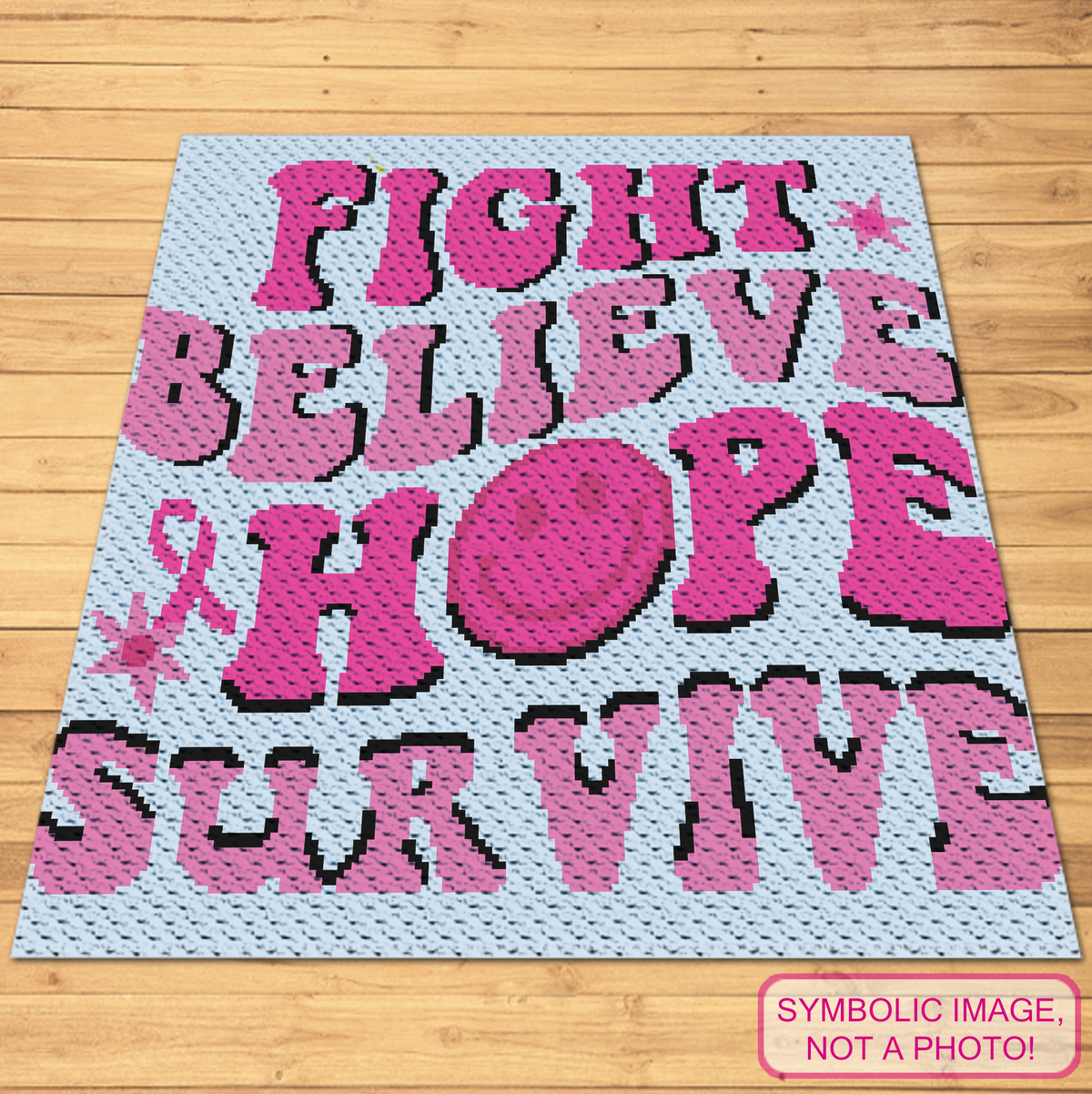 Hippie Hope C2C chemo crochet blanket pattern with pink Fight Believe Hope Survive design