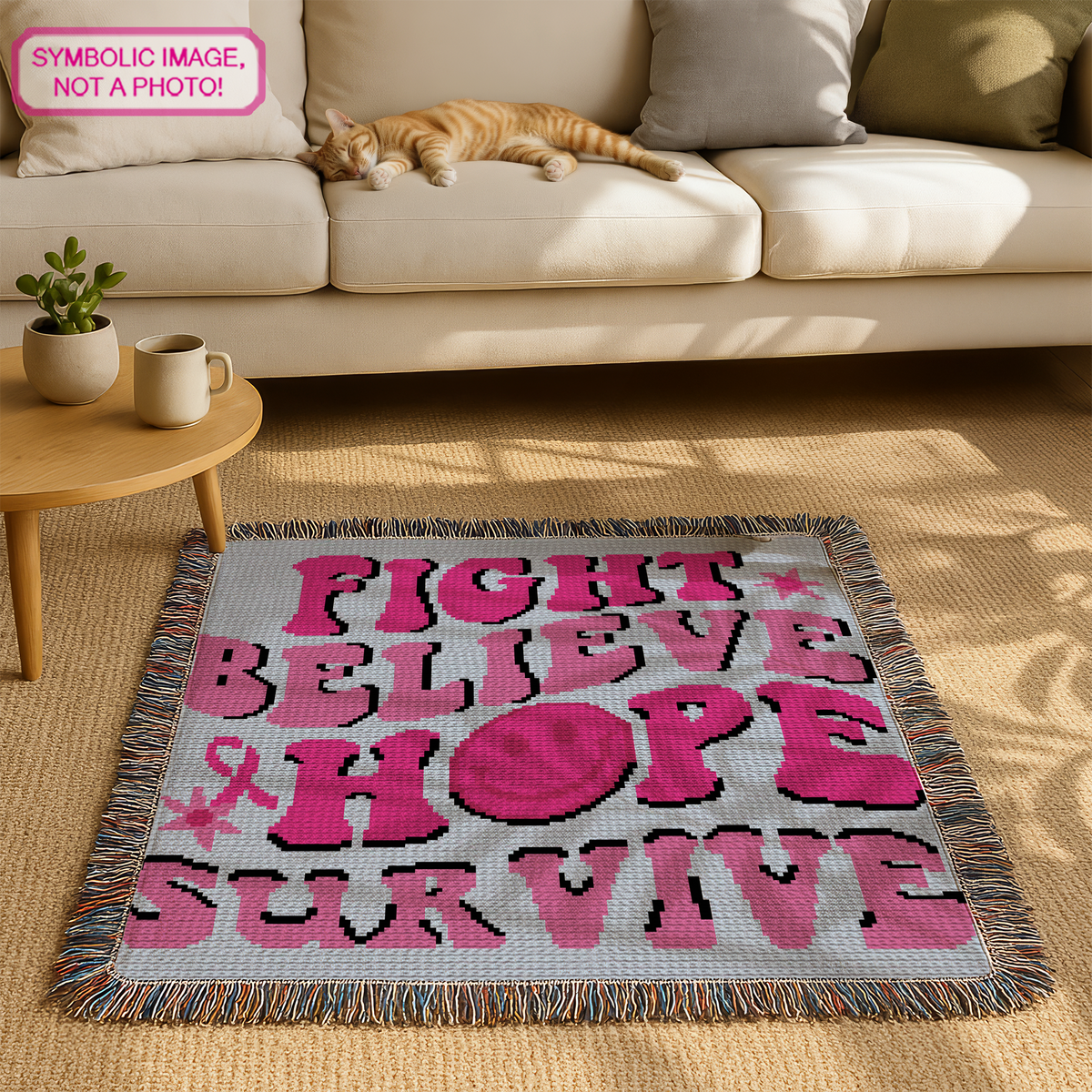 Hippie Hope C2C pink ribbon cancer awareness crochet blanket pattern displayed in a cozy living room