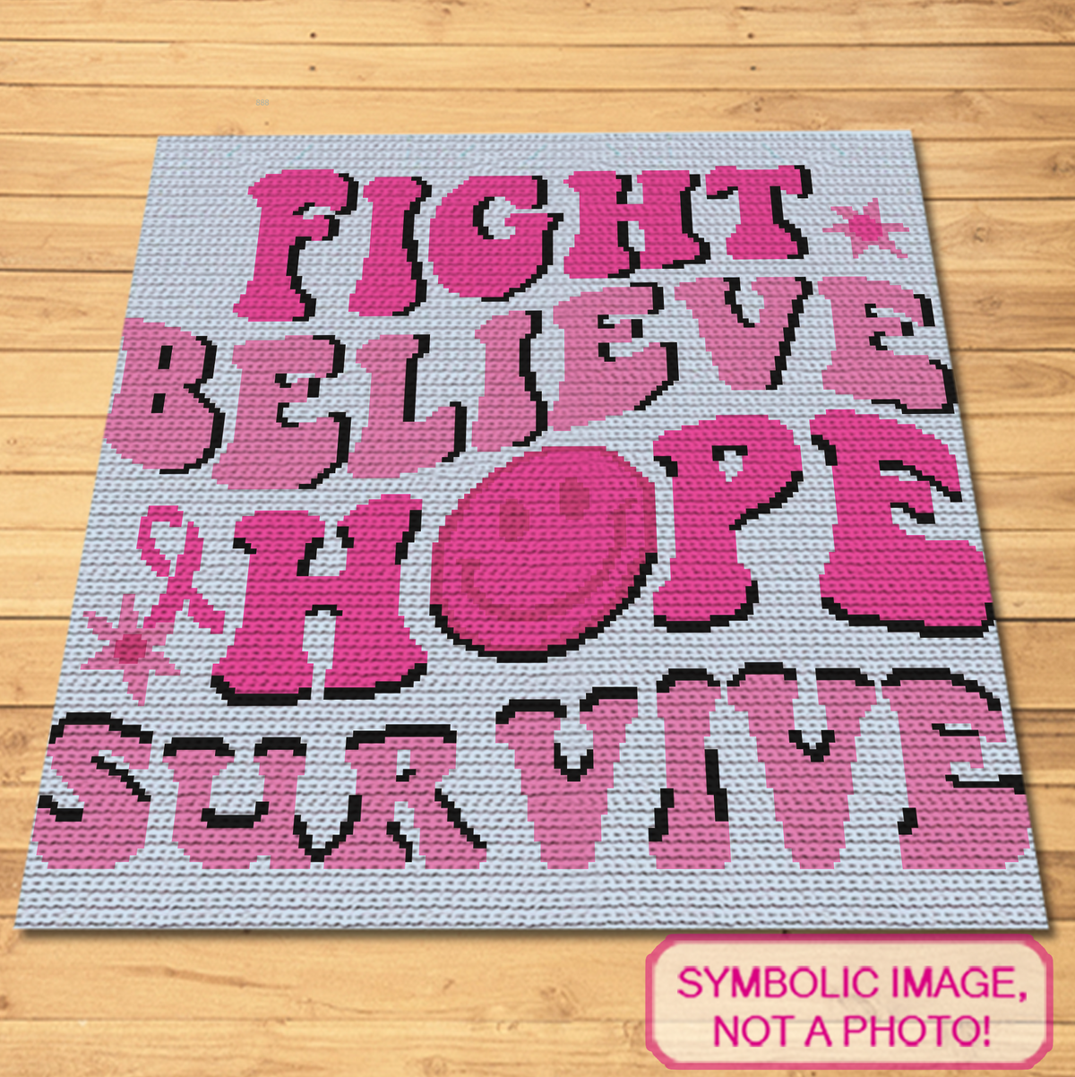 Hippie Hope cancer awareness single crochet blanket pattern in pink with Fight Believe Hope Survive text