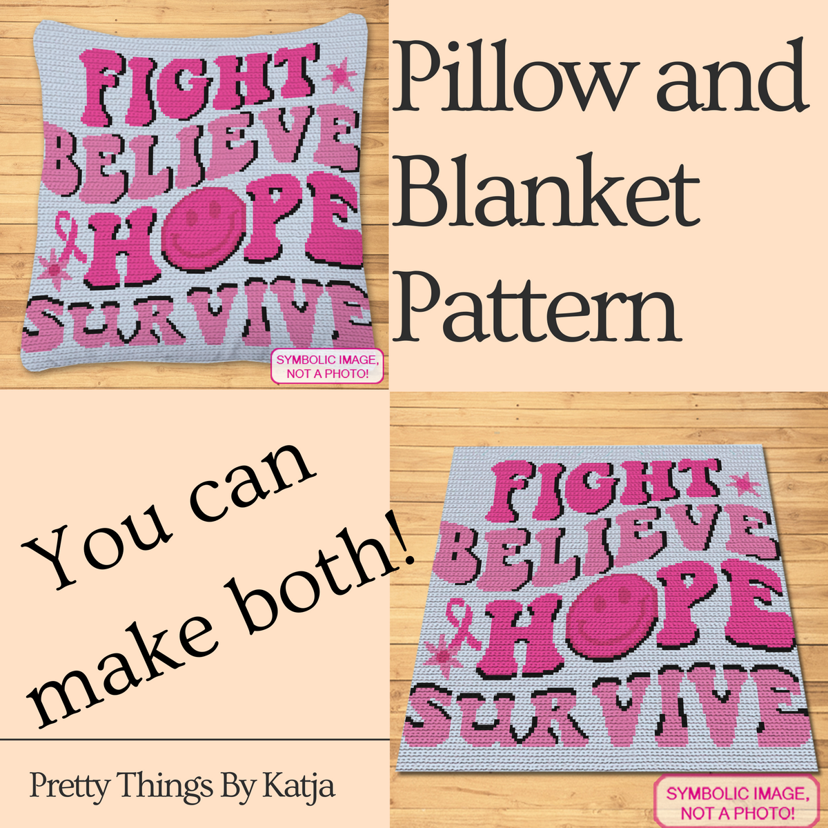 Hippie Hope crochet pattern bundle preview showing cancer awareness pillow and blanket versions