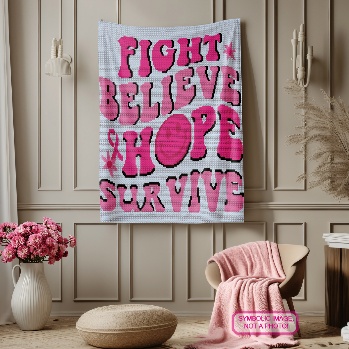 Hippie Hope positive cancer awareness single crochet blanket pattern with pink Fight Believe Hope Survive design