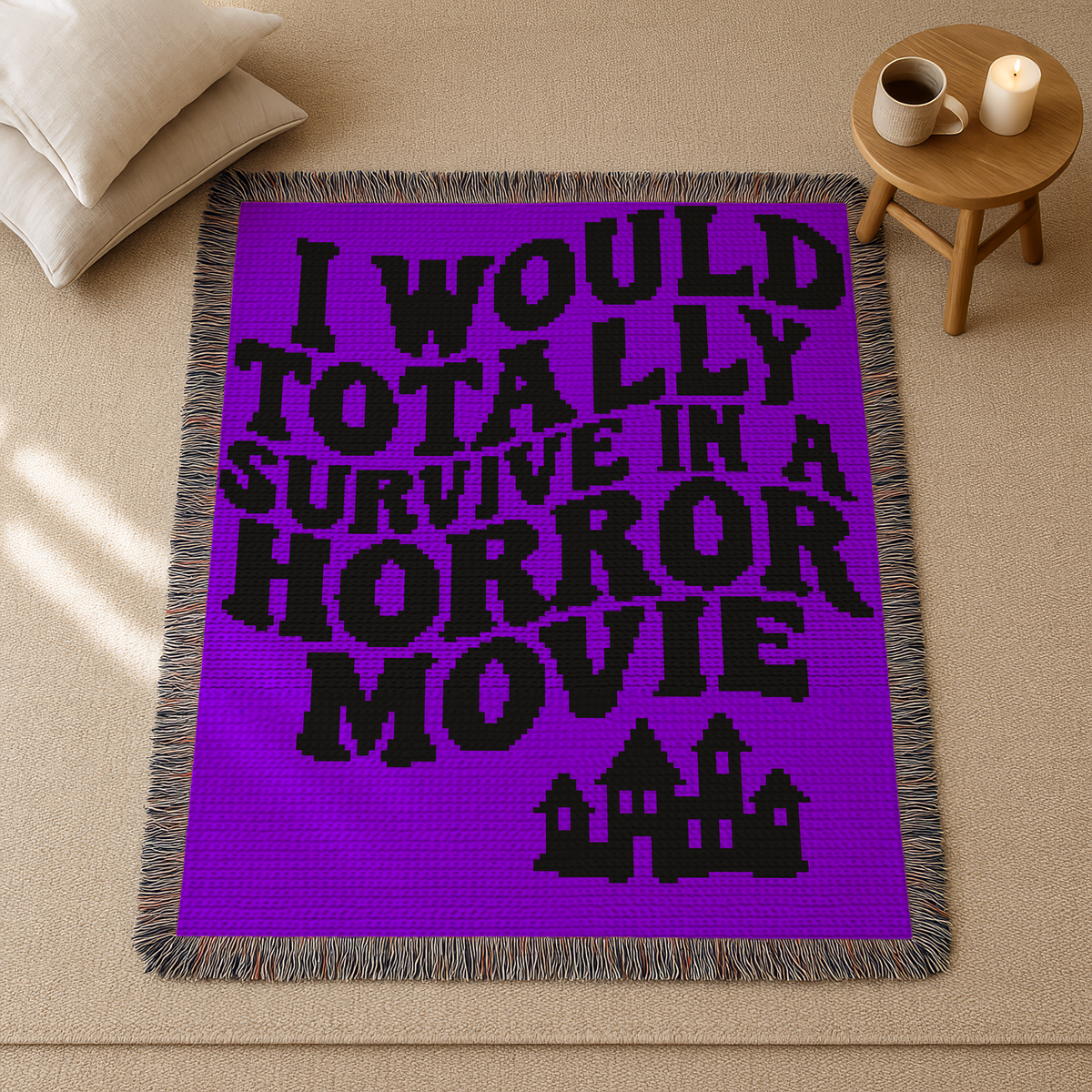 I Would Totally Survive in a Horror Movie C2C crochet blanket pattern in purple and black