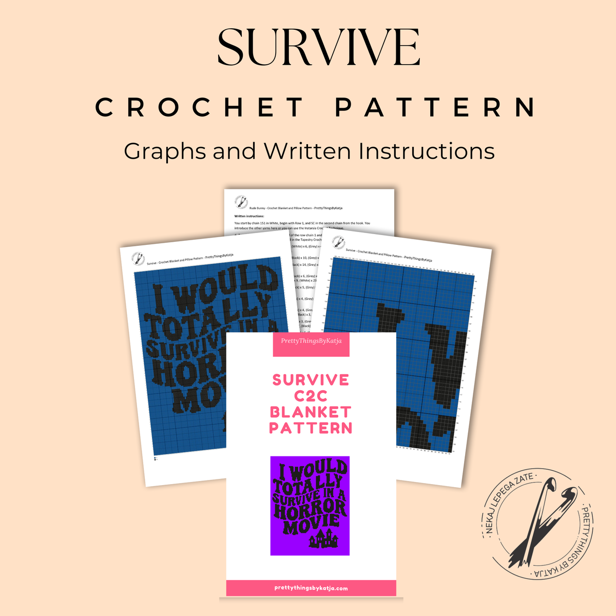 Survive Horror Movie C2C crochet pattern PDF with graphs and written instructions