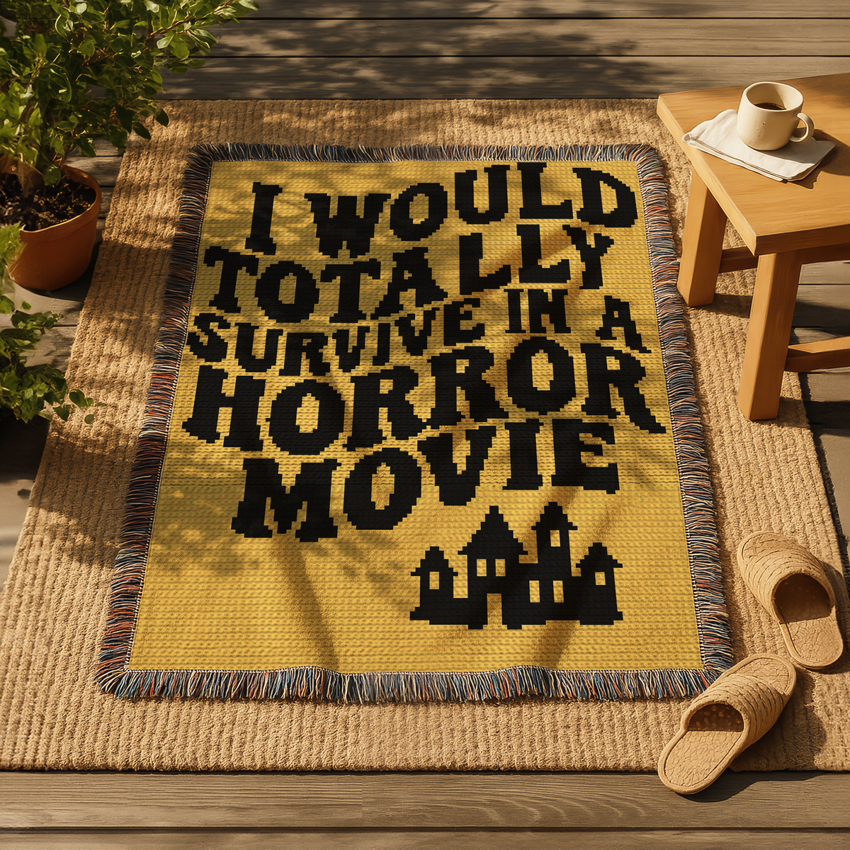 Goth horror movie crochet blanket pattern displayed in yellow and black