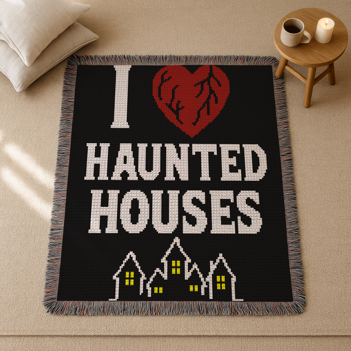 I Heart Haunted Houses C2C crochet blanket mockup with red heart, white text and haunted houses with yellow windows.