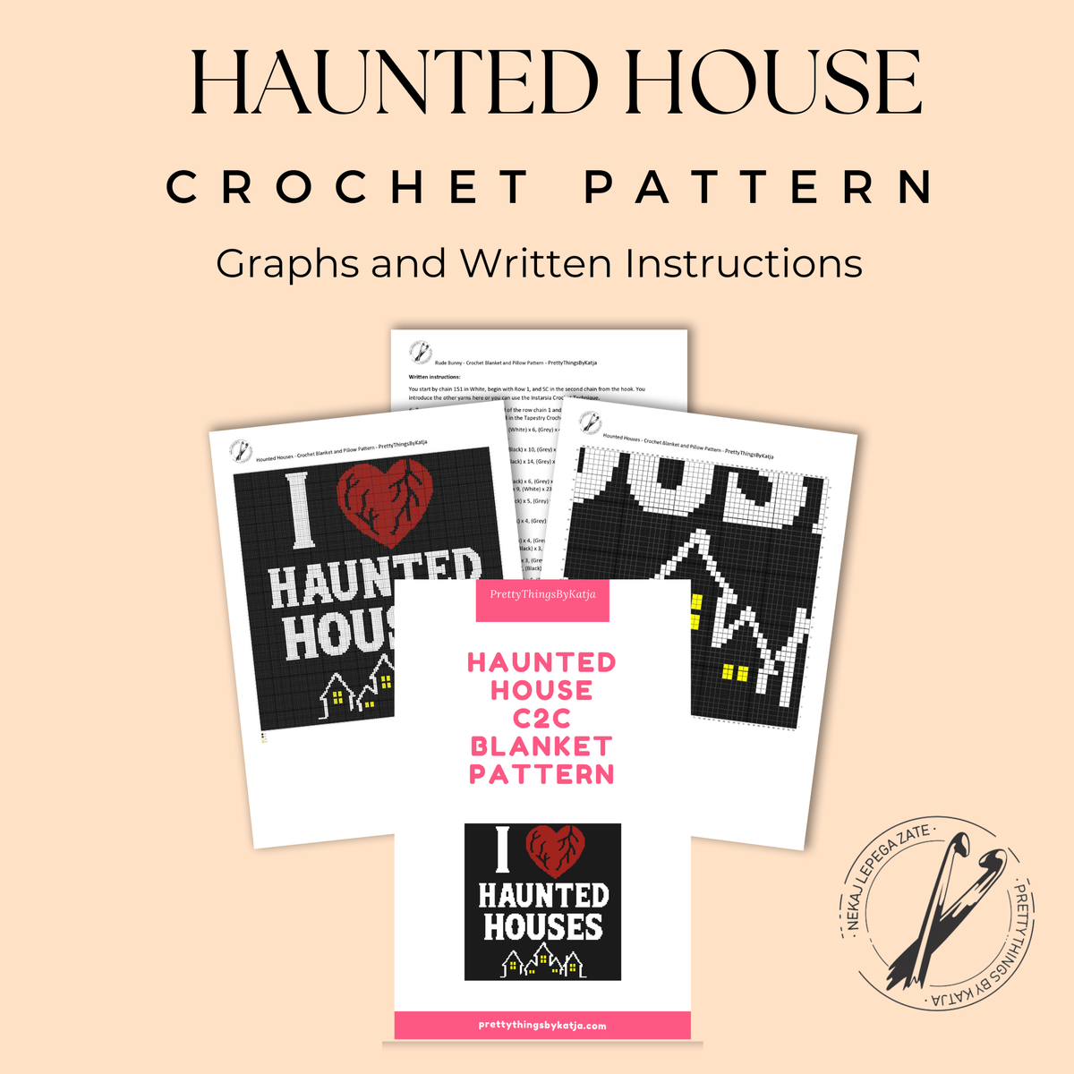 Haunted House C2C crochet pattern PDF preview with graphs and written instructions for the I Heart Haunted Houses blanket.