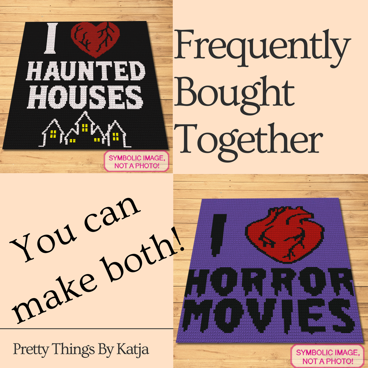 I Heart Haunted Houses SC crochet pattern comparison showing the haunted house blanket design and a horror movie variation.