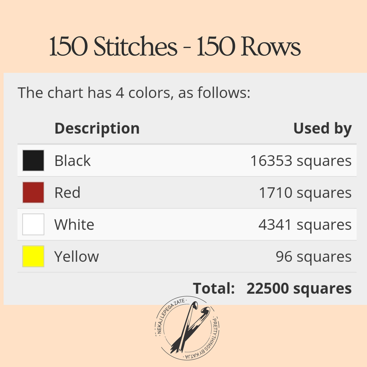 I Heart Haunted Houses SC crochet pattern size chart showing 150 stitches by 150 rows and four design colors.