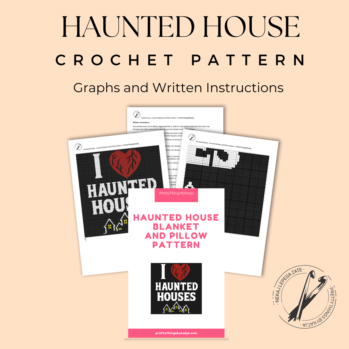 I Heart Haunted Houses SC blanket and pillow crochet pattern PDF preview with graphs and written instructions.