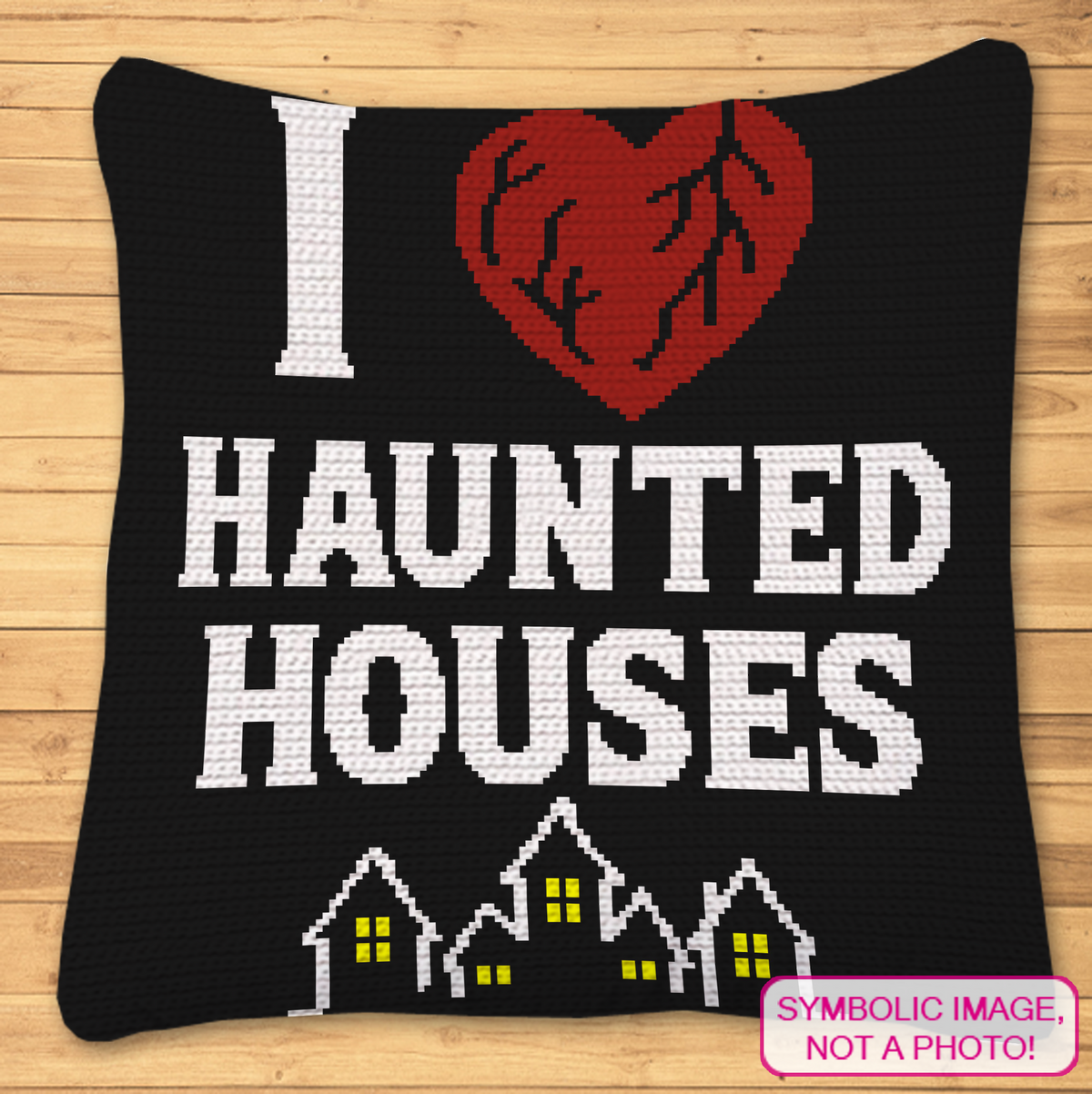 I Heart Haunted Houses SC crochet pillow pattern mockup with red heart, haunted houses, and Halloween lettering.