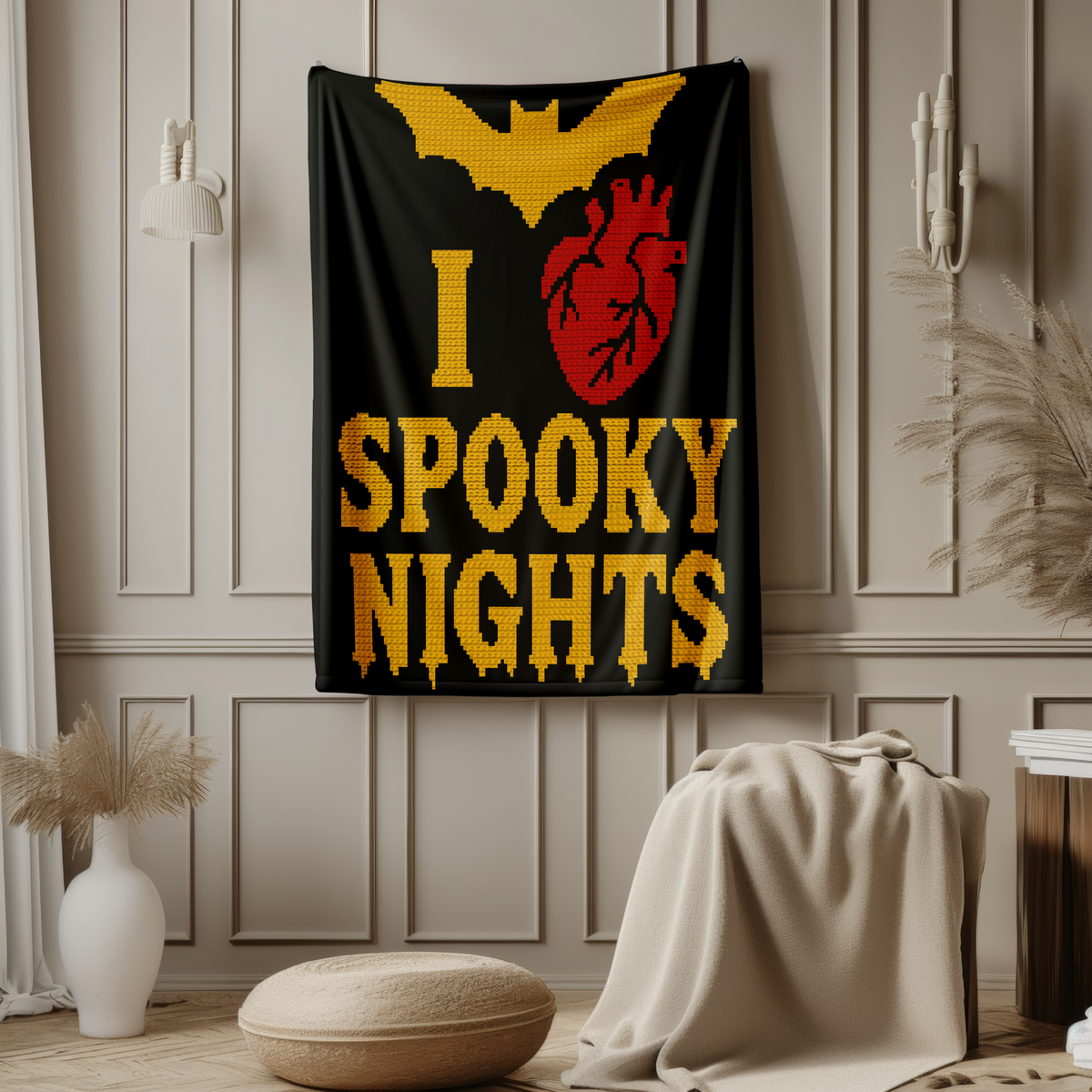 I Love Spooky Nights SC crochet blanket pattern in black yellow and red for Halloween