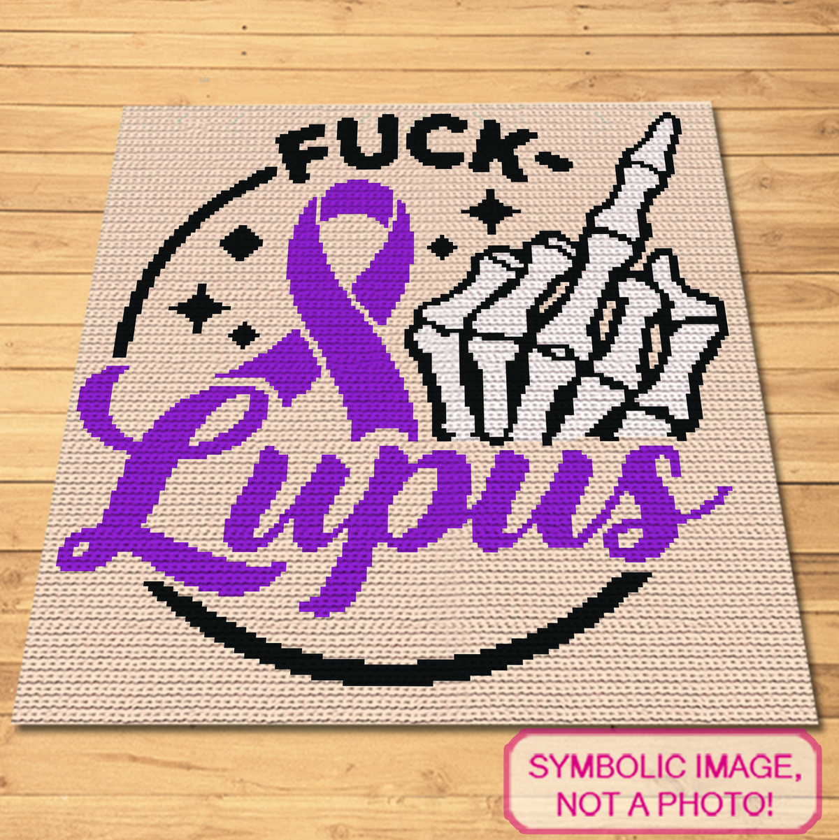 Symbolic Fuck Lupus crochet blanket mockup with purple ribbon and skeleton middle finger design
