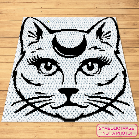 Magical Cat C2C crochet blanket pattern mockup showing a black-and-white mystical cat face with a crescent moon.