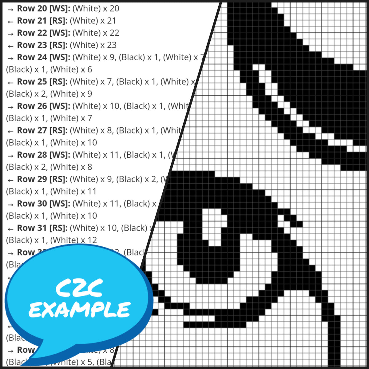 Magical Cat corner-to-corner crochet chart preview with written C2C instructions and black-and-white graph.
