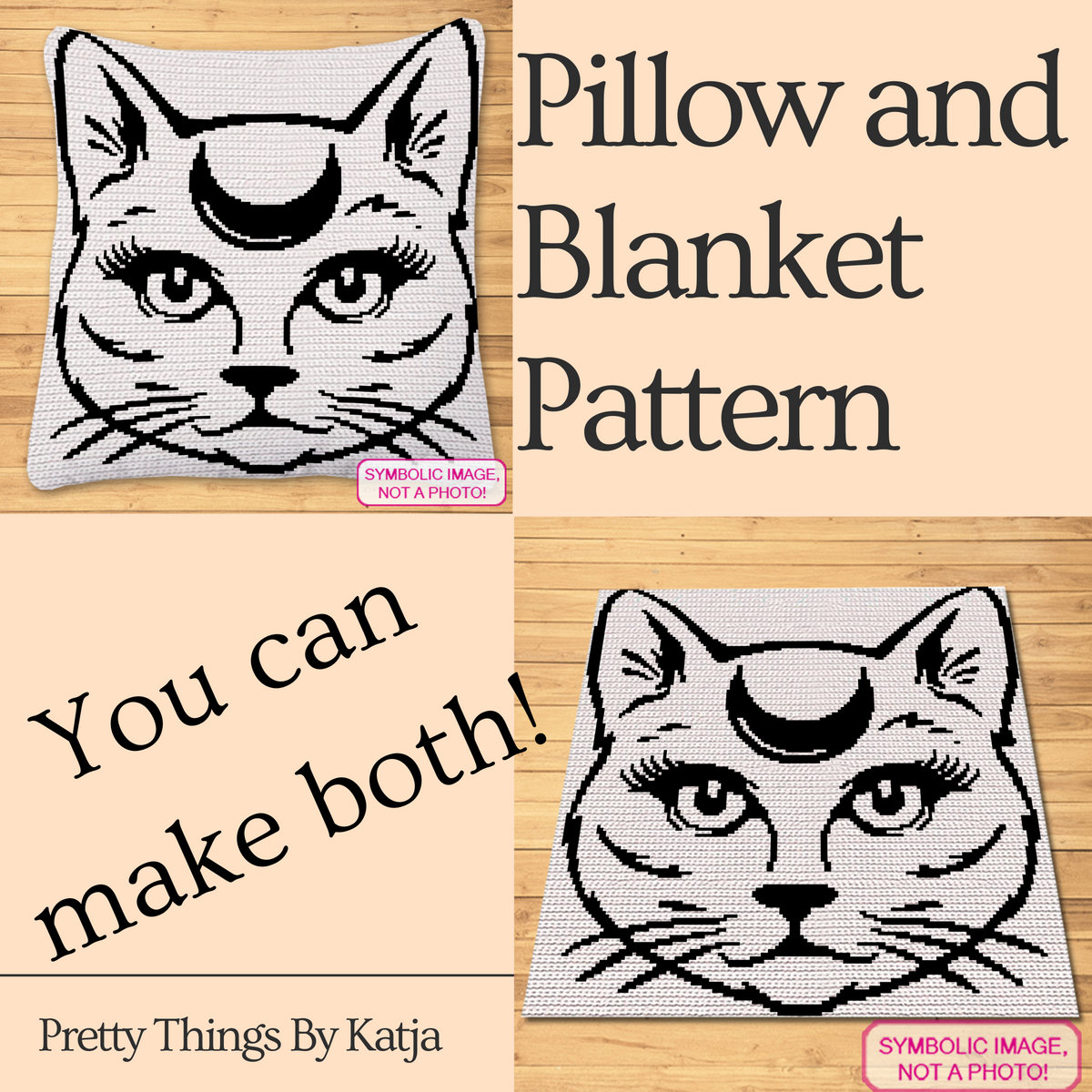 Magical Cat crochet pillow and blanket pattern preview showing a mystical cat face with a crescent moon in black and white.