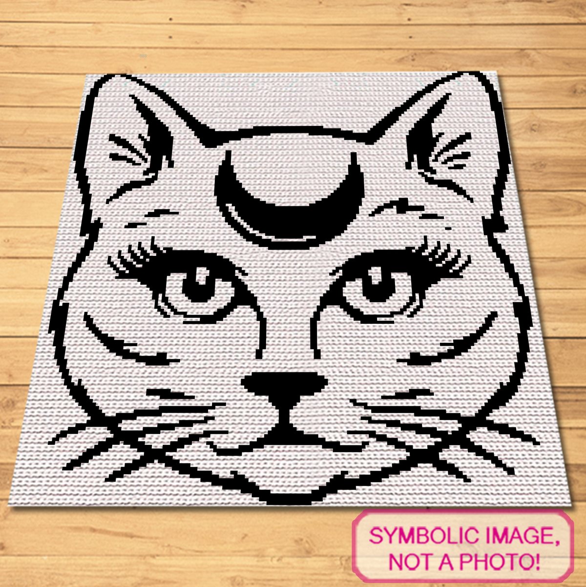 Magical Cat single crochet graphgan mockup featuring a witchy cat face with crescent moon symbol in black and white.