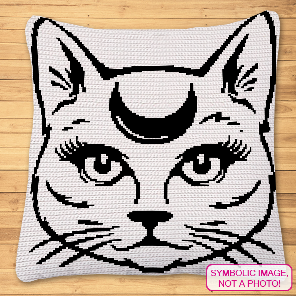 Magical Cat crochet pillow mockup with mystical crescent moon cat design in black and white.