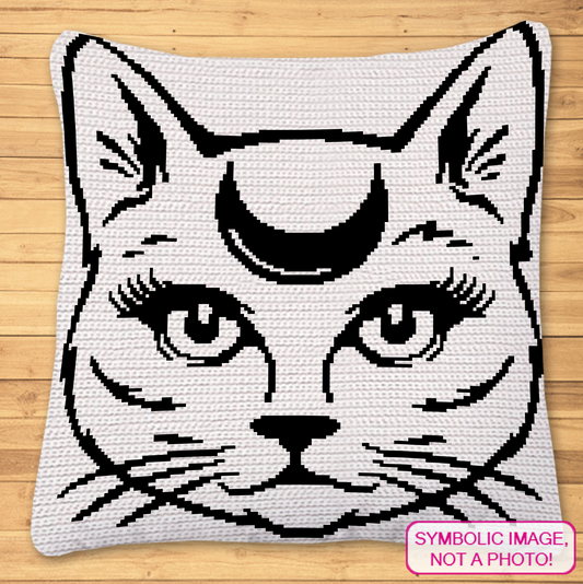 Magical Cat crochet pillow mockup with mystical crescent moon cat design in black and white.
