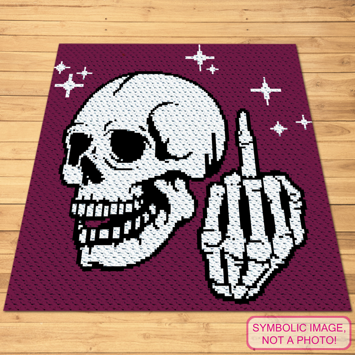 Add a bold, cheeky touch to your crochet collection with this Middle Finger Skeleton C2C Crochet Pattern. The design features a detailed skull with a raised middle finger and small star accents, making it perfect for funny adult crochet projects, gothic decor, Halloween makes, rebellious gifts, and statement blankets.