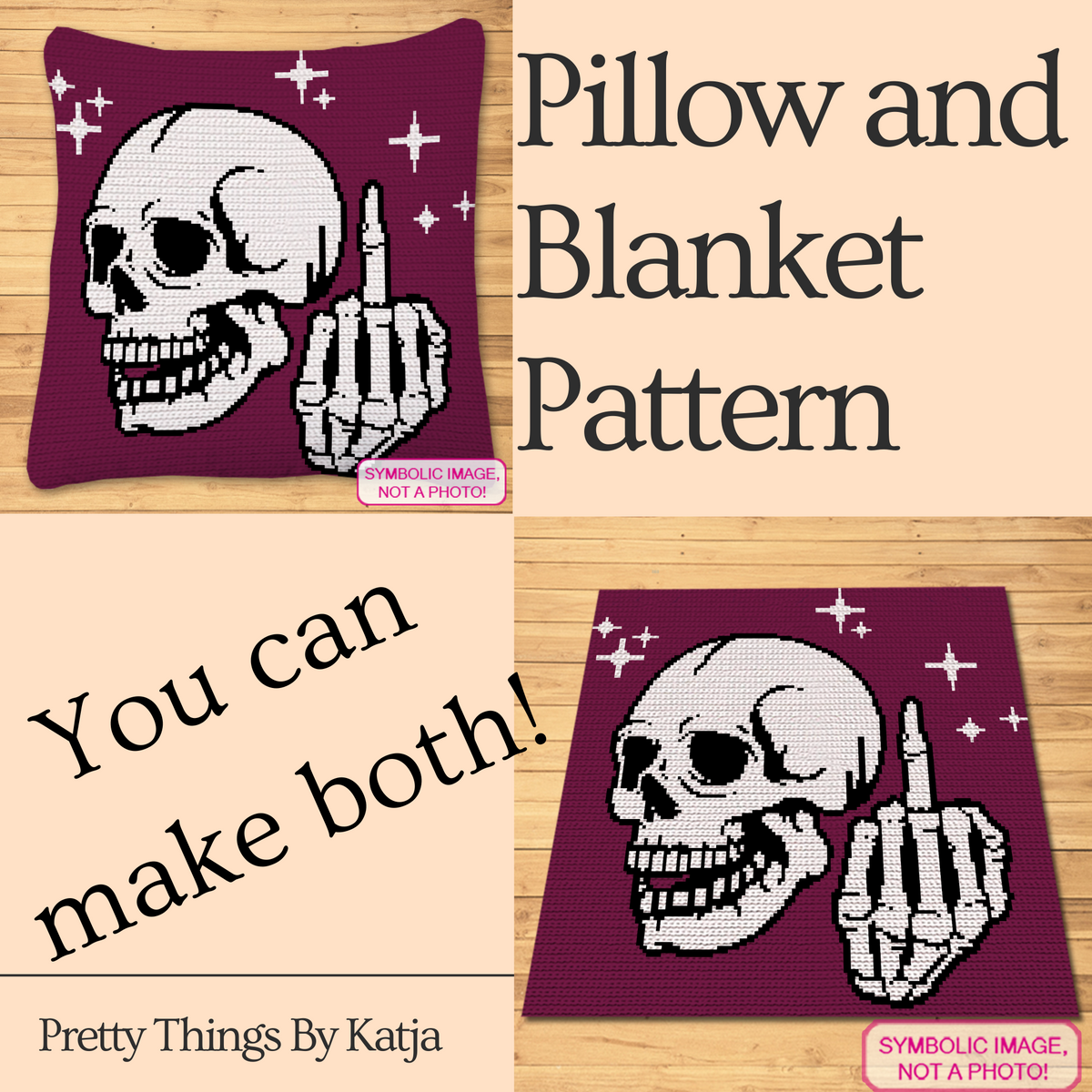 Middle Finger Skeleton crochet pattern collage showing SC pillow and blanket design on a purple background with white skull and raised middle finger