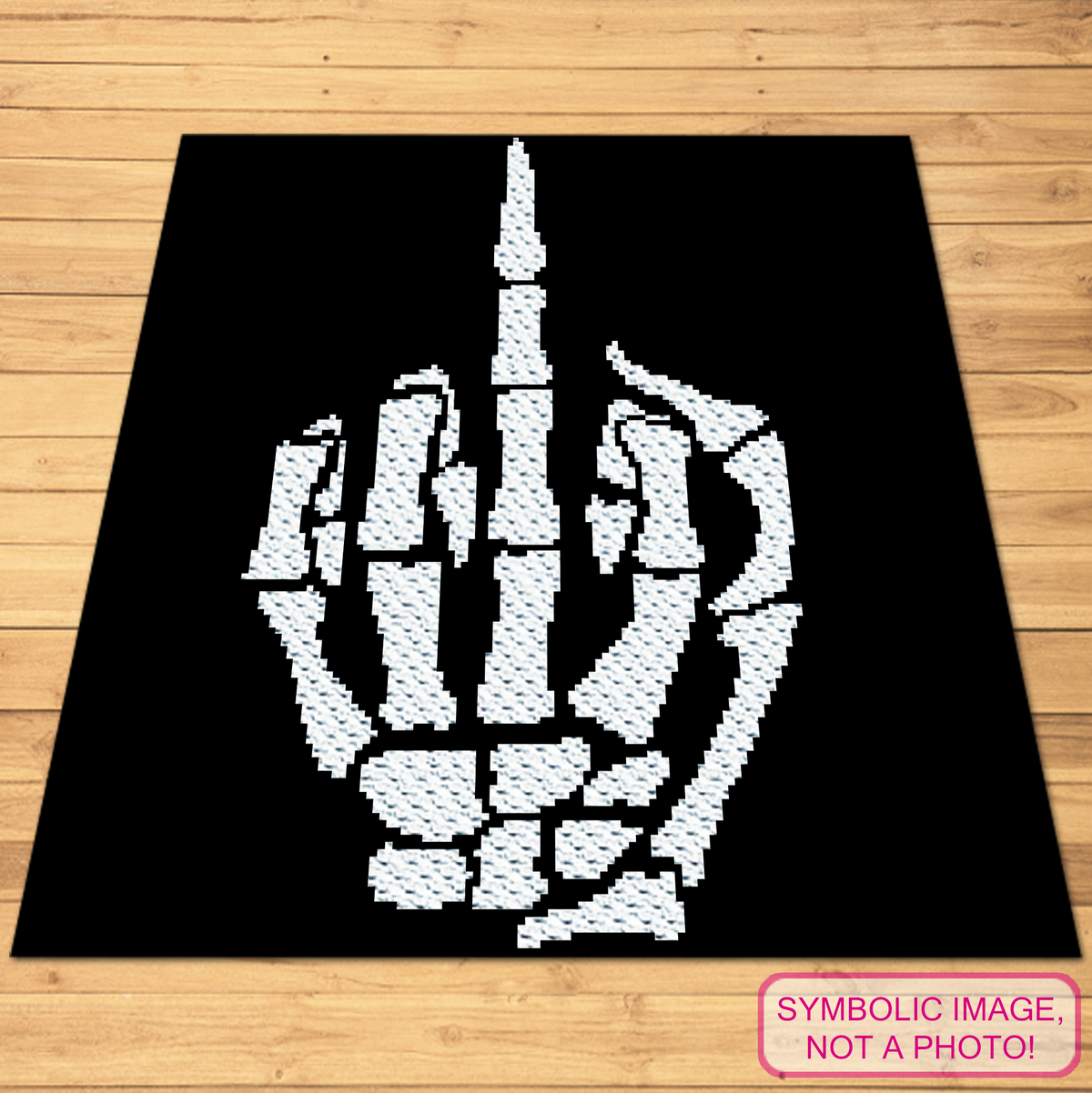 Middle Finger Skeleton Hand C2C crochet blanket pattern in black and white, sassy Halloween graphgan design