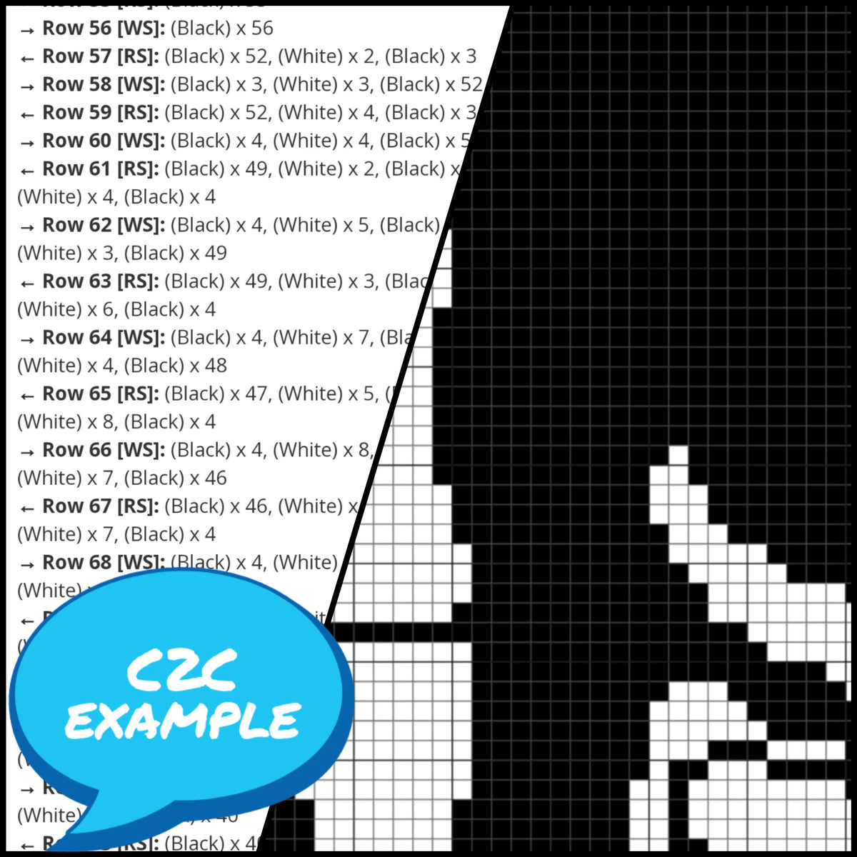 Middle Finger Skeleton Hand C2C crochet pattern example with graph and written row-by-row instructions